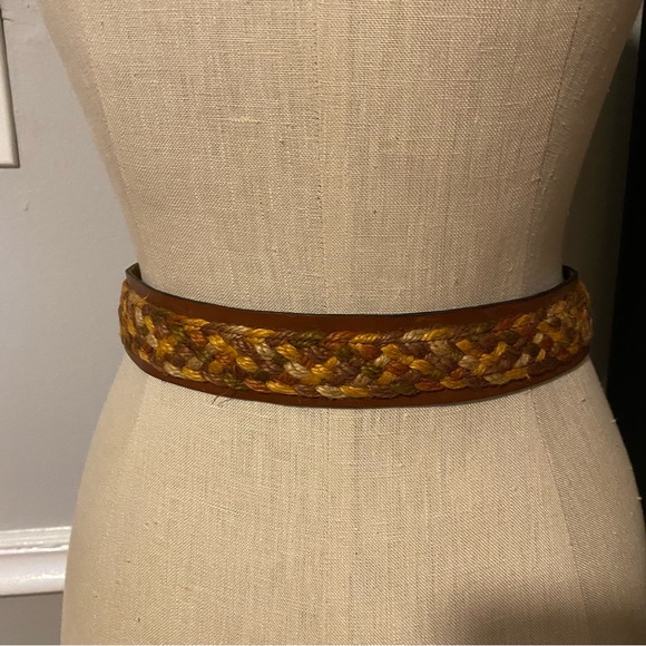 Woven multi color thread basket weave brown leather boho hippie belt XXS XS - Picture 9 of 11